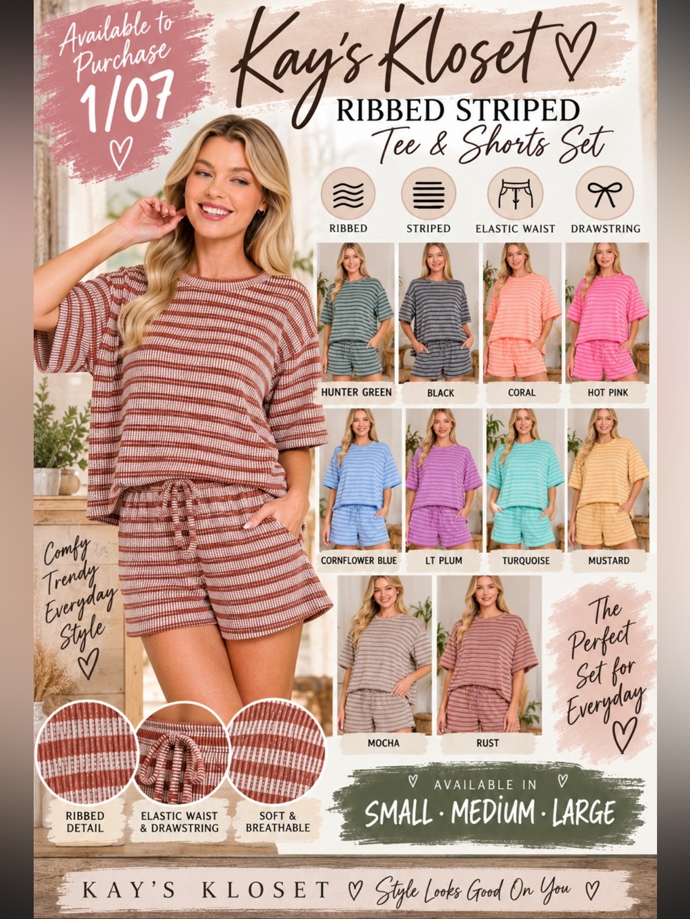 ZS1–🩵💛🧡🖤🩷 (ETA 1/7) (10 colors) Zenana ribbed Striped Tee & Shorts Set